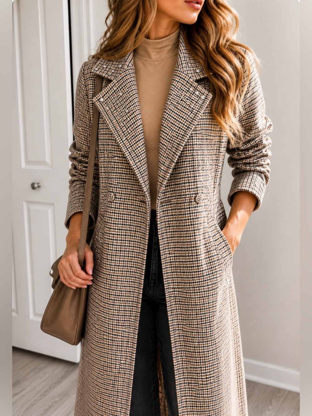 VENUS Houndstooth Longline Trench Coat Chic Neutral Plaid Jacket